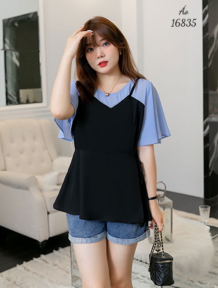 Áo kiểu bigsize babydoll tay xanh 16835