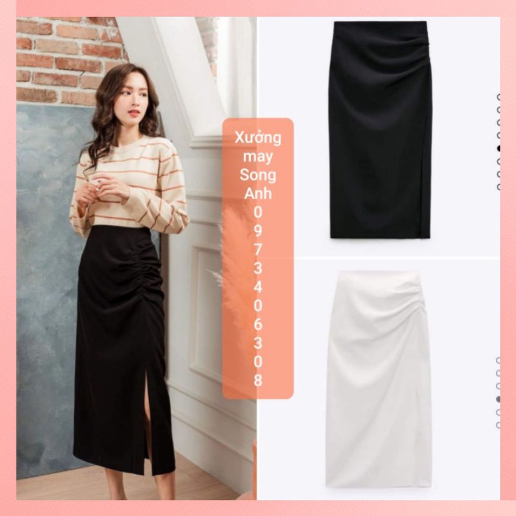 Chân váy midi nữ chân váy nữ dáng dài xẻ tà nhún eo thanh lịch đen/trắng