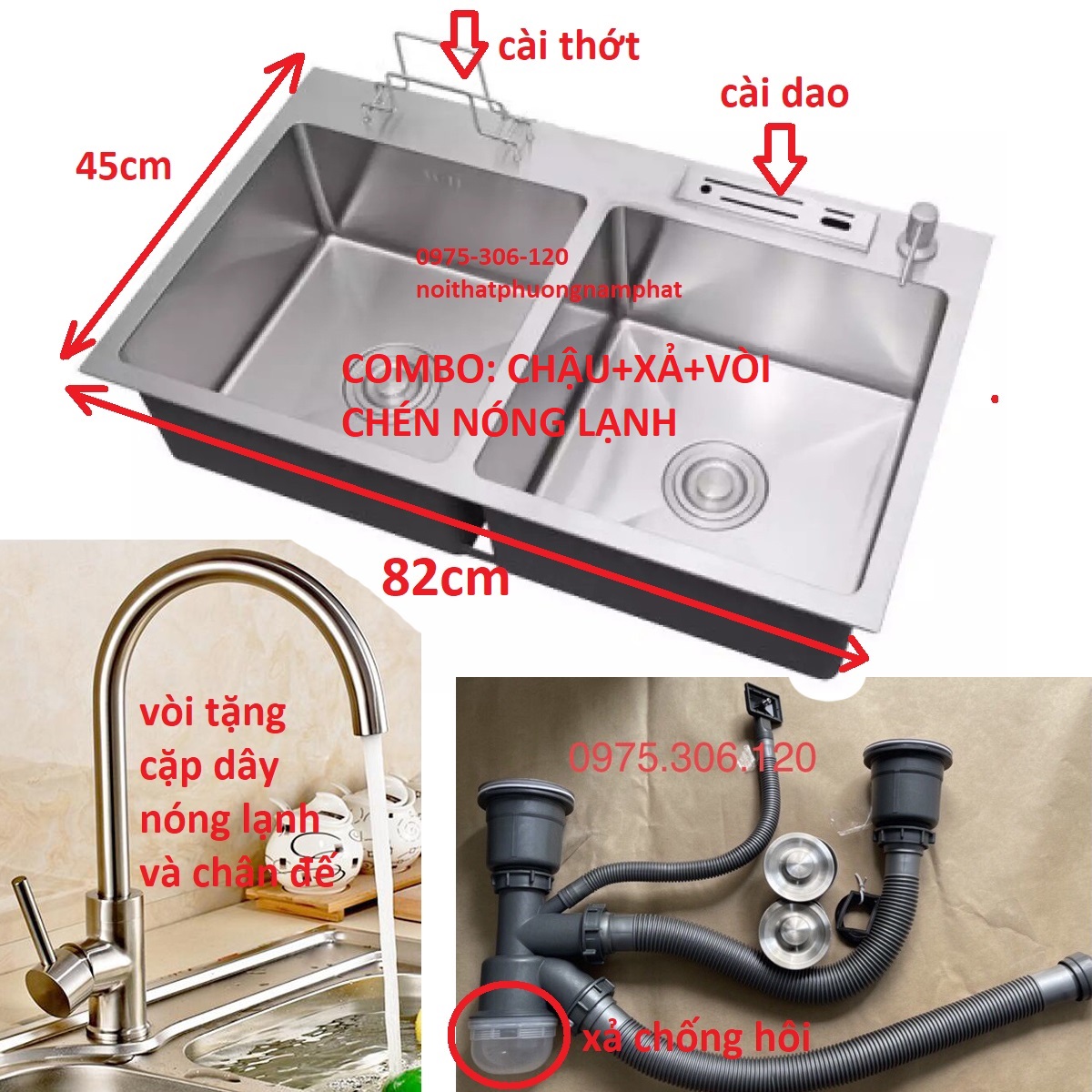 Chậu đúc combo chậu rửa chén bát inox 304 n16 8245 na.grand và xả thoát nước và vòi chén nóng lạnh bồn rửa chén inox