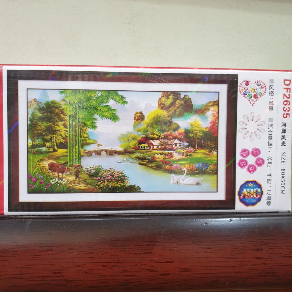 Tranh Đính Đá LÀNG QUÊ THANH BÌNH (ĐÁ ABC CAO CẤP). Kích Thước: 80cm x 50cm