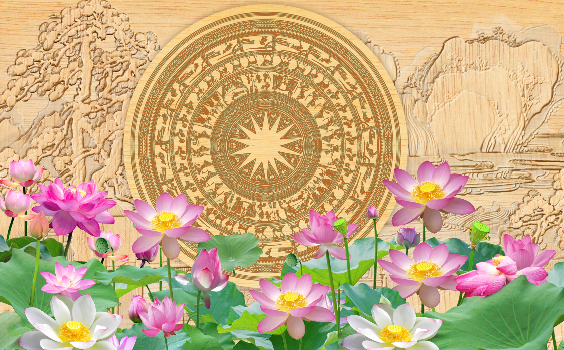 Tranh dán tường 3d phòng khách hoa sen sang trọng