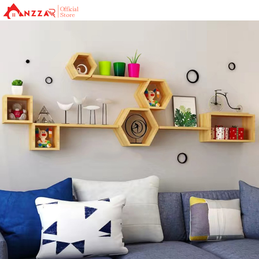 Bộ kệ gỗ treo tường trang trí, kệ trang trí Anzzar, decor phòng ngủ, phòng khách,bộ thanh gỗ treo tường