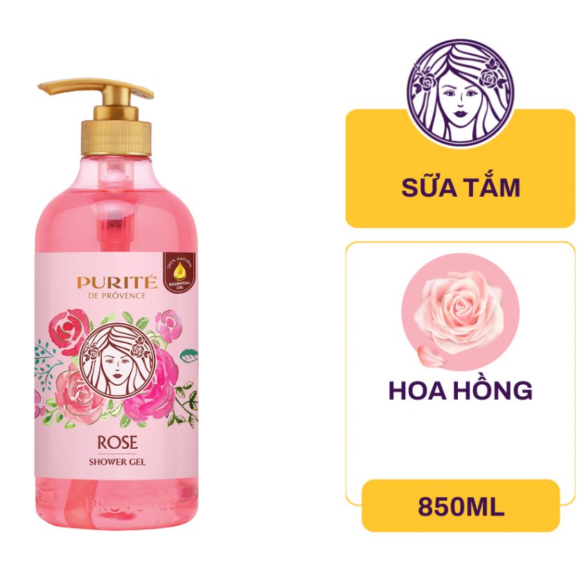 Sữa Tắm Purite De Provence Hoa Hồng 850ml - KÈM TẶNG CHAI 250ML