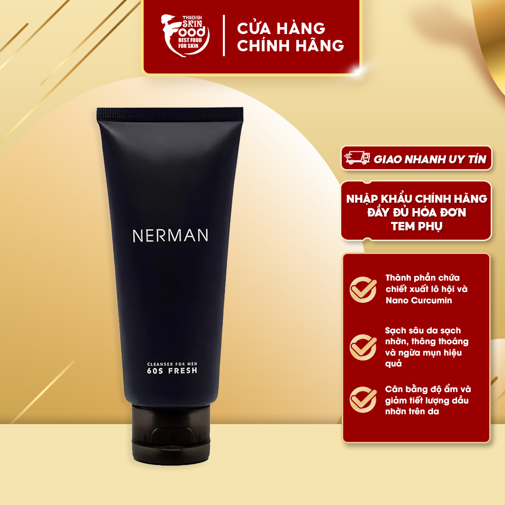 Gel rửa mặt sạch nhờn, ngừa mụn cho nam nerman curcumin 60s fresh 100ml