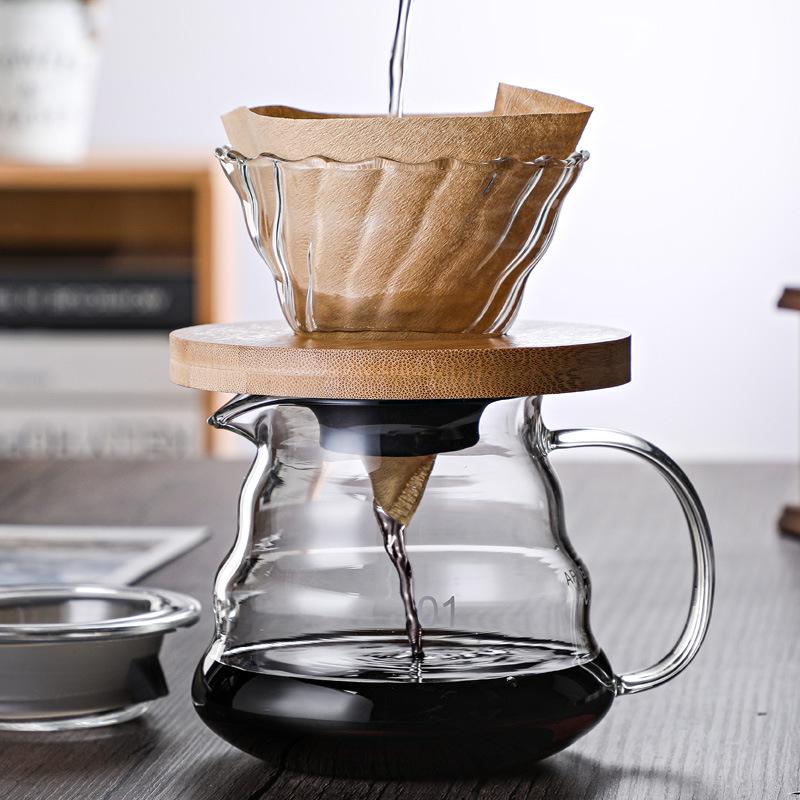 Phễu V60 thủy tinh đế gỗ pha cà phê Pour Over