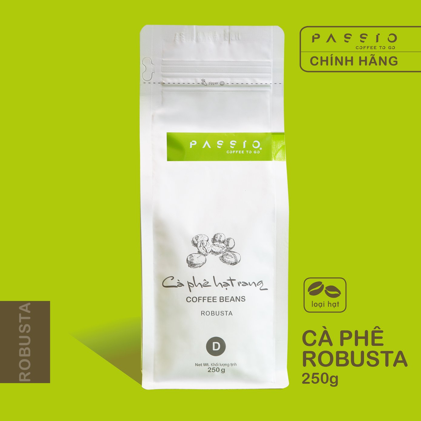 Cà phê Robusta dạng Hạt nguyên chất 100% rang mộc - Passio Coffee (250g)