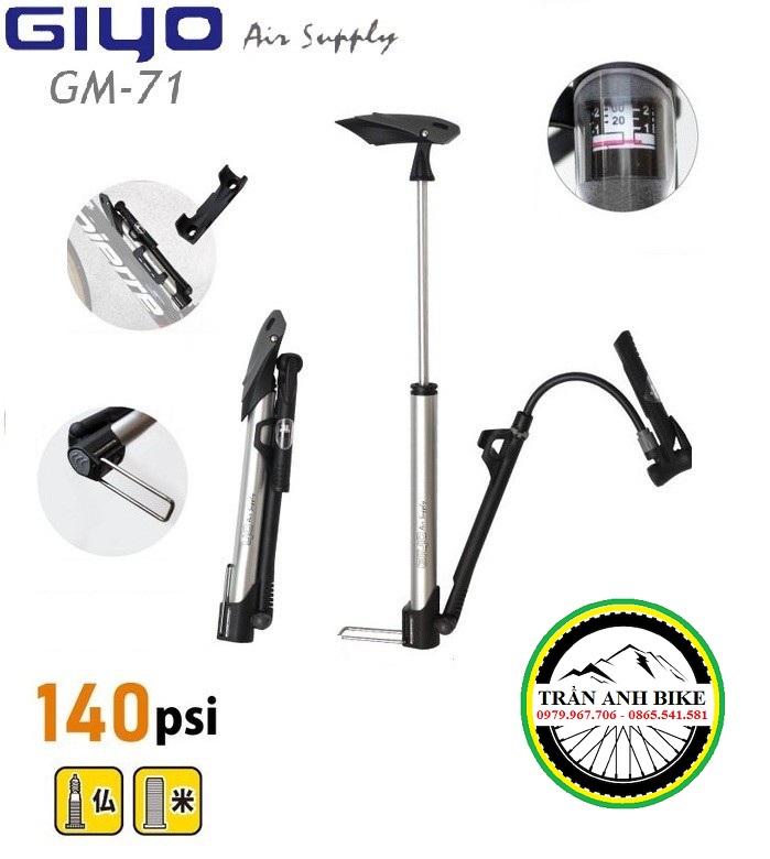 Bơm mini xe đạp Giyo GM-71 140psi có đồng hồ đo áp suất