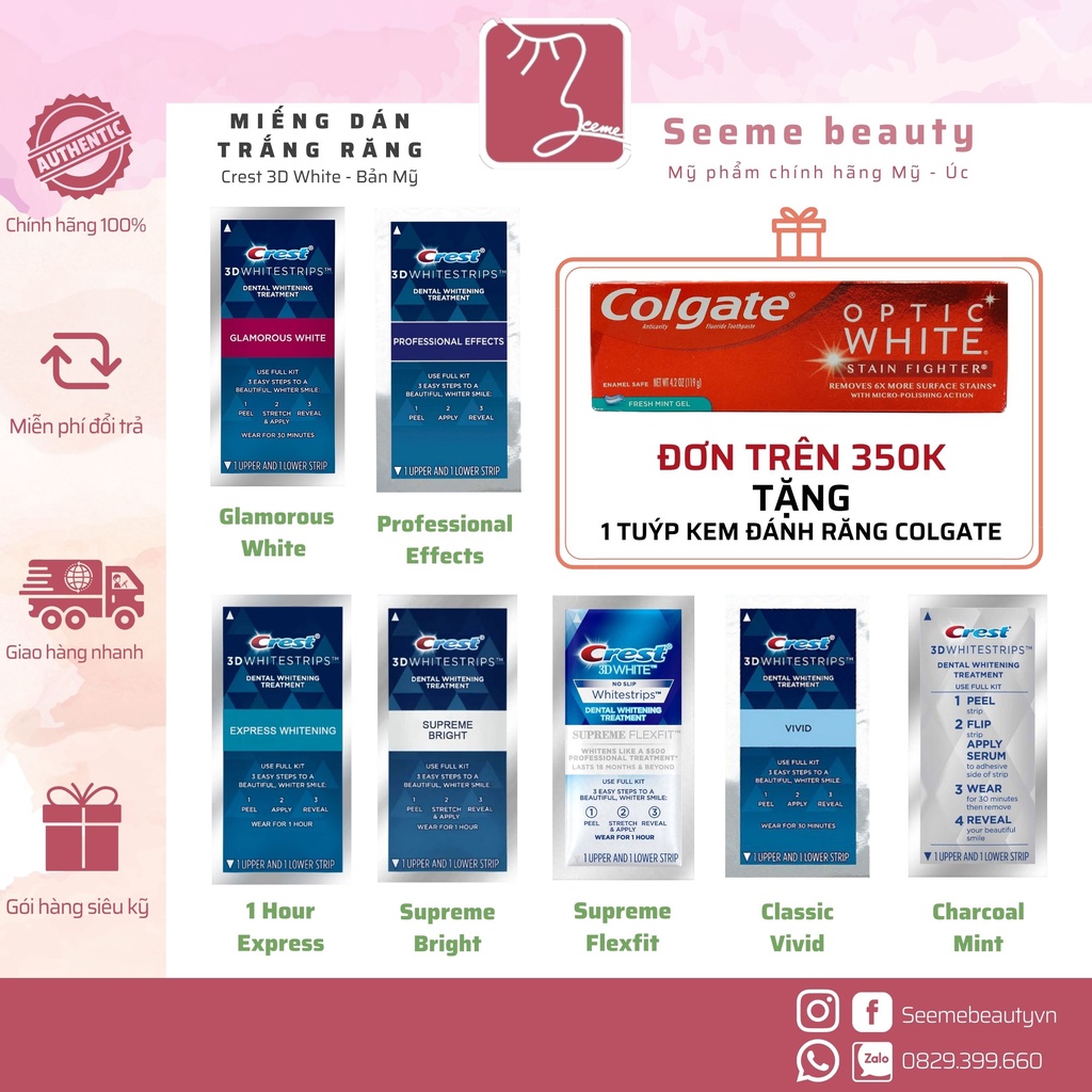 Miếng dán trắng răng Crest 3D White - Mỹ (Professional Effects/ Supreme Flexfit/ Glamorous/ 1 hour) Seeme Beauty