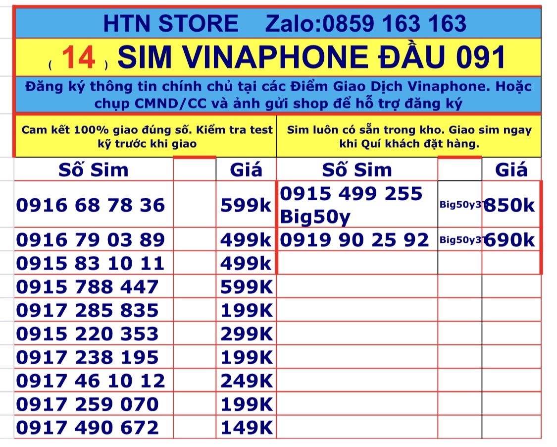 Sim vinaphone số đẹp đầu 091 vina trả trước sim nghe gọi và truy cập 4G, 5G - HTN