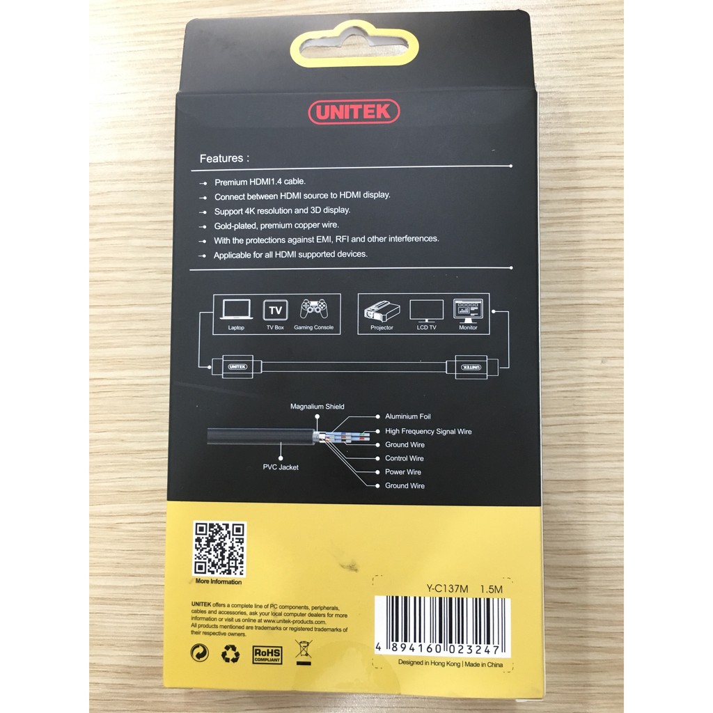 Cáp HDMI 1m5 Unitek Y-C137M (Hỗ trợ 4K, 3D)