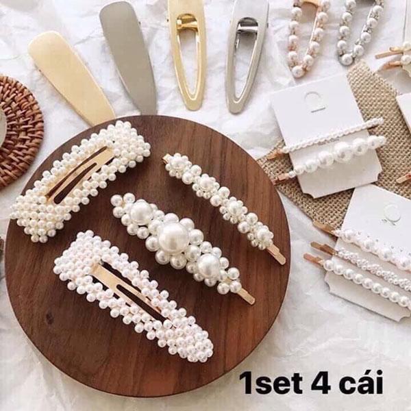 Sét 4 cặp tóc hạt cườm sang trọng(kẹp tóc xinh hàn quốc)