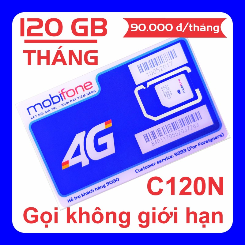 🔥GIÁ HỦY DIỆT🔥 Sim 4G MobiFone gói C120N (120 GB/tháng+50 phút liên mạng+ 1 tỷ phút nội mạng)