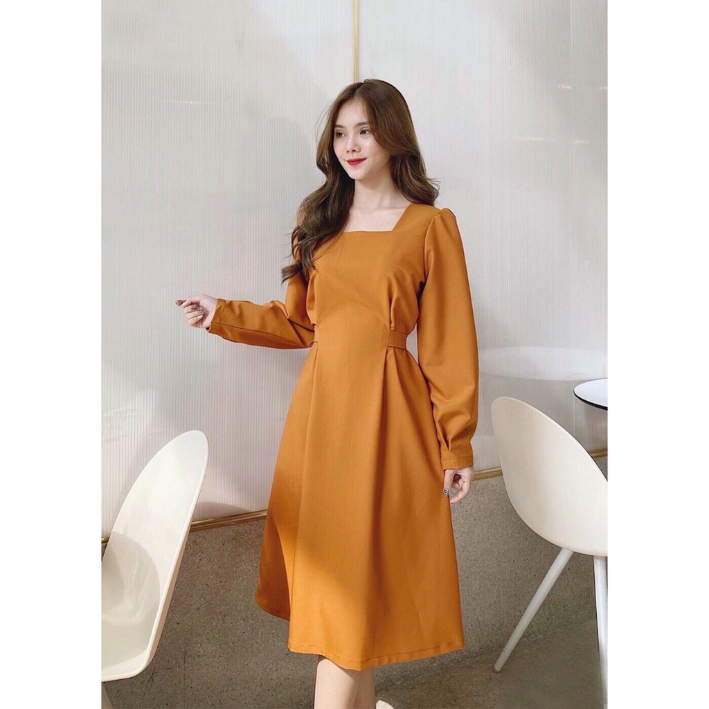 Đầm cam tay dài nơ eo