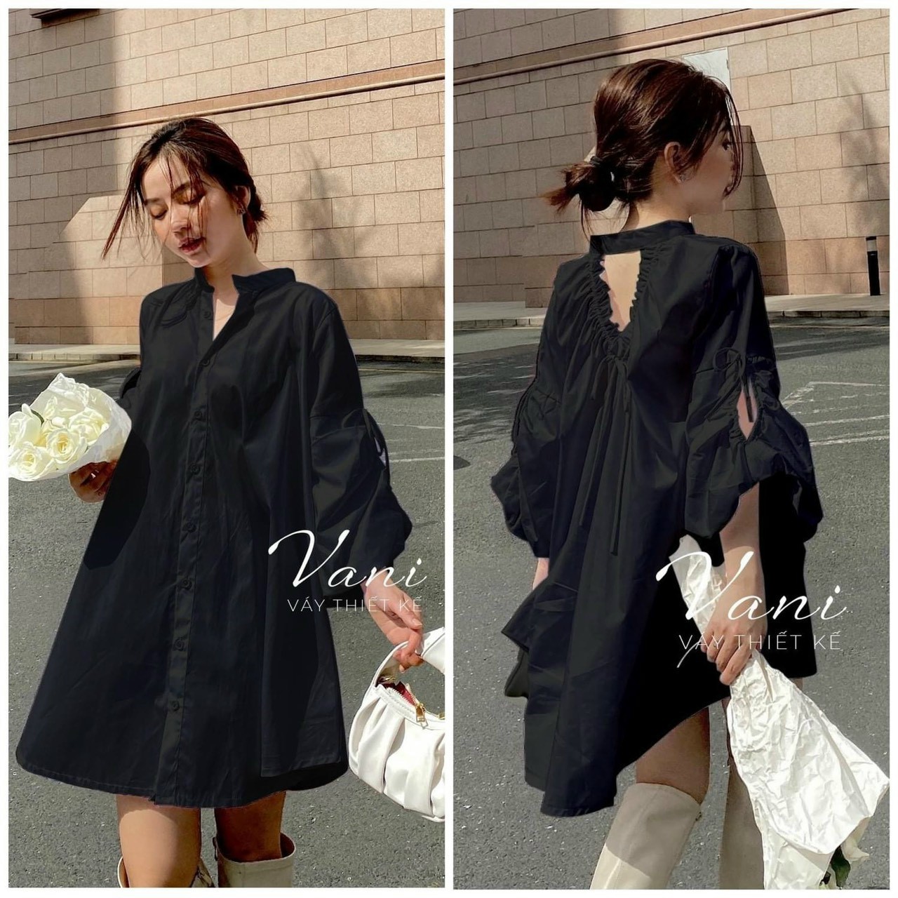 Đầm sơ mi tay phồng style Hàn Quốc dạo phố sang chảnh, váy suông form rộng cổ bẻ cài nút