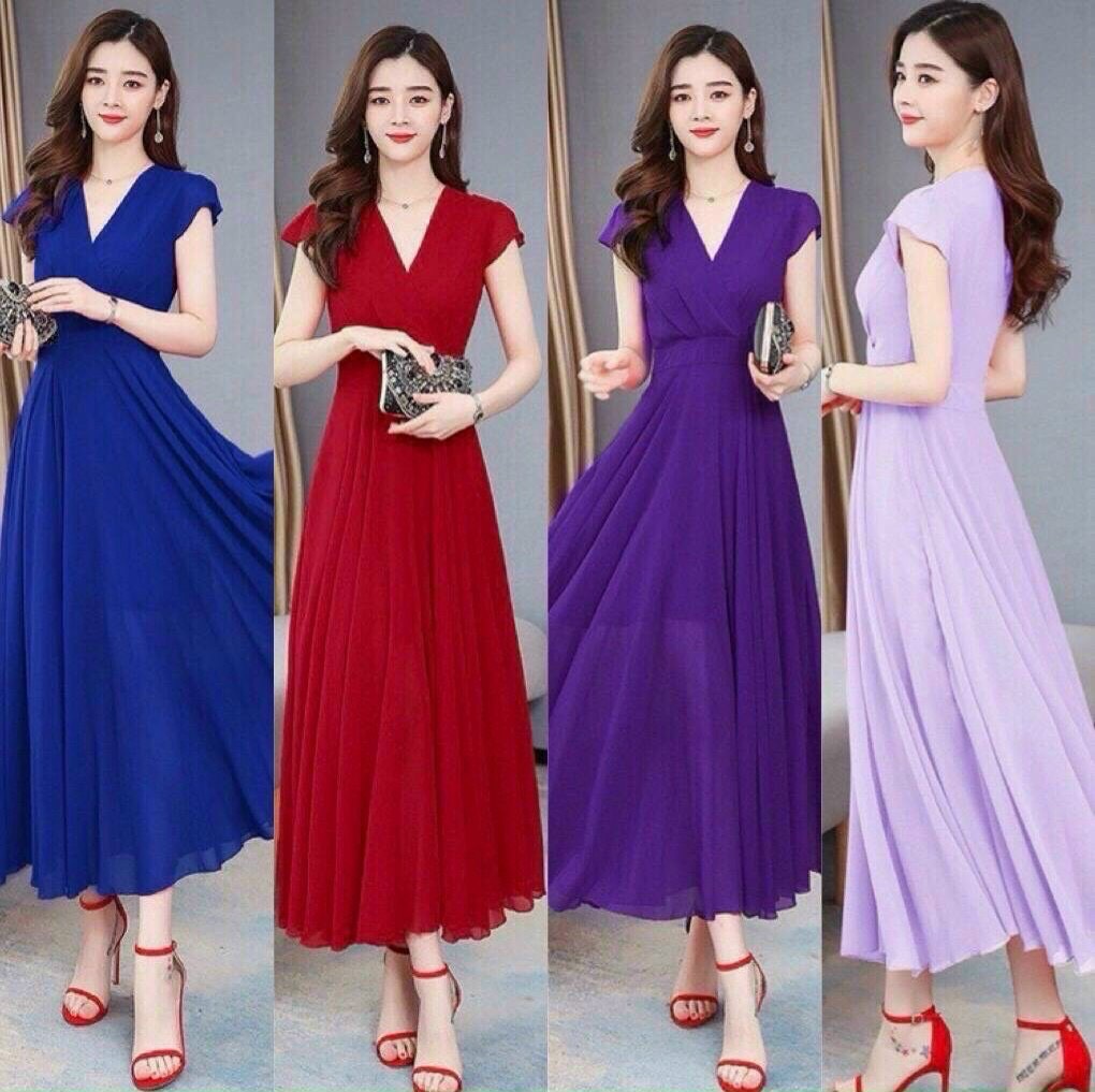 đầm maxi cổ v tay con chất vải chifon
