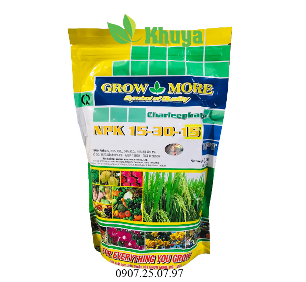 Phân bón Growmore NPK 15-30-15 túi 1kg Dưỡng cây - Xanh lá