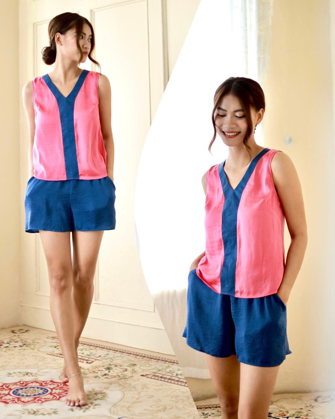 Bộ lụa đùi phối nẹp mặc nhà không tay Infashion