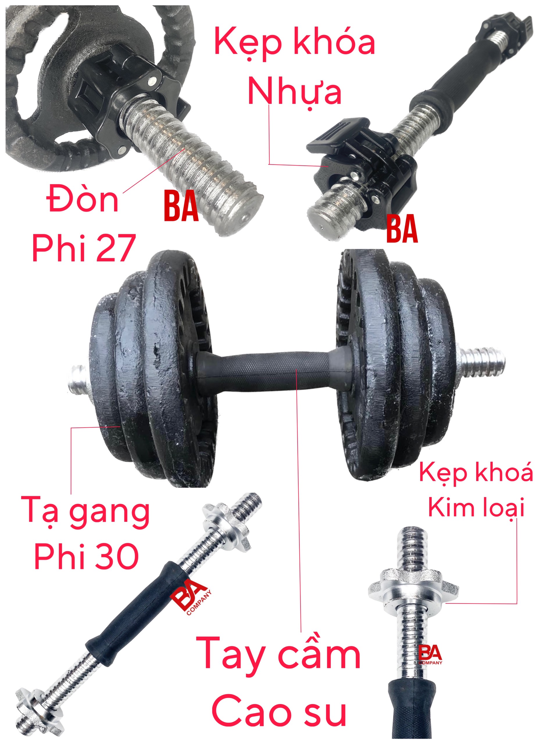 Bộ 1 Tạ Tay Tháo Ráp 7.7kg (1 Đòn 35cm, 2 Miếng 1kg, 2 Miếng 2kg) Binhansport