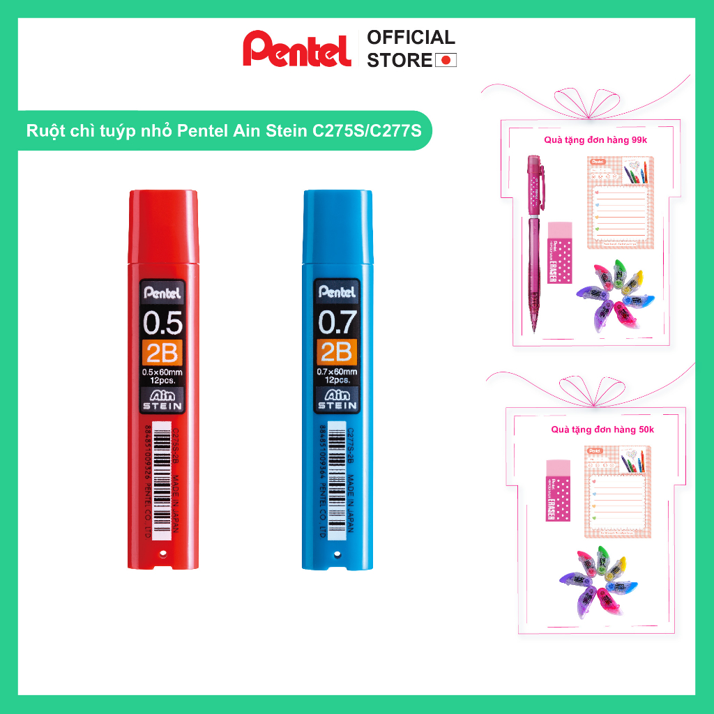 Ruột Chì Kim Nhật Bản Pentel AIN STEIN Ngòi 0.5 - C275S_2B - Với Độ Đậm 2B Thông Dụng Và Tiện Lợi (12 ruột/tuýp)