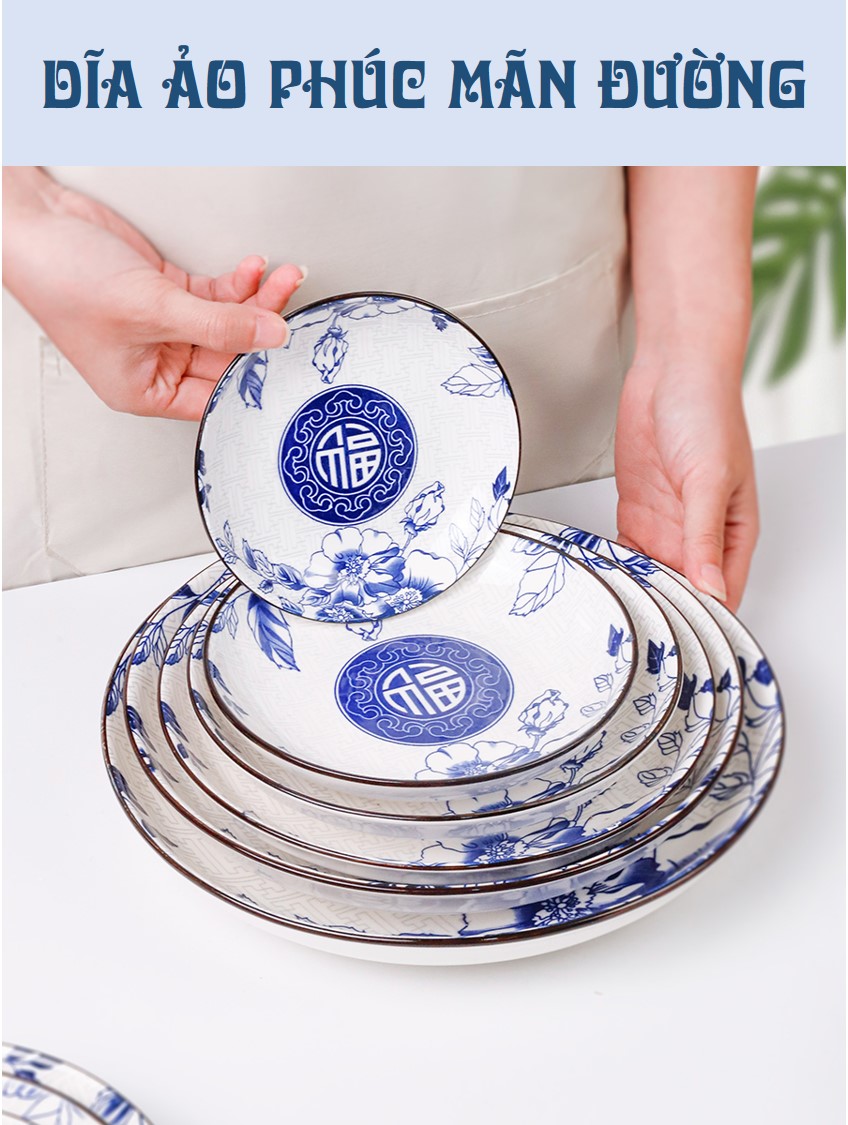 Dĩa tròn gốm sứ hoa văn Chữ Phúc 4D