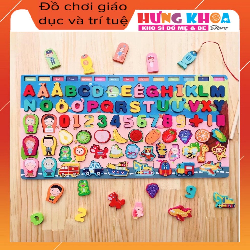 Bảng gỗ câu cá đa năng 7in1 tiếng việt, 7 dòng câu cá học chữ, học số, thế giới xung quanh