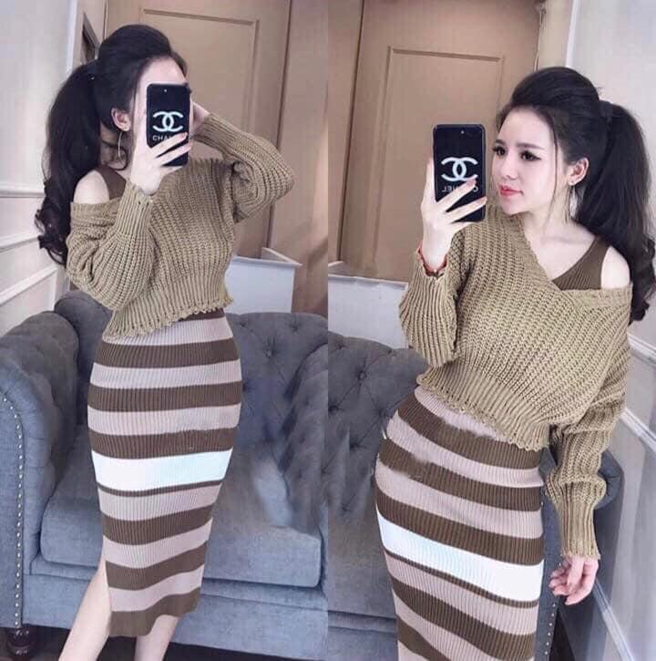 Set len kẻ body áo lệch vai