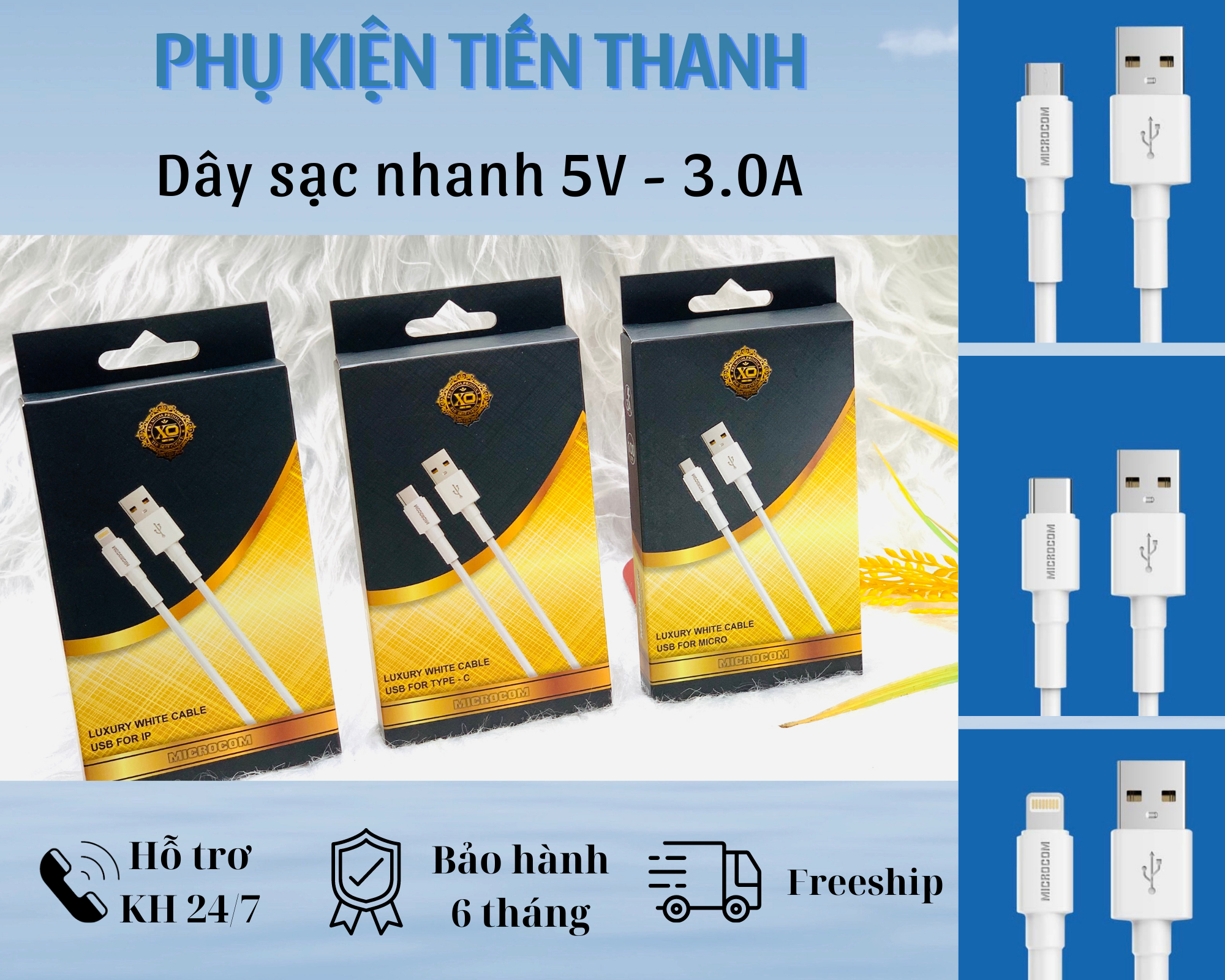 Dây sạc nhanh đầu cắm USB, chiều dài 1m/2m, dòng điện 3A, XO Microcom