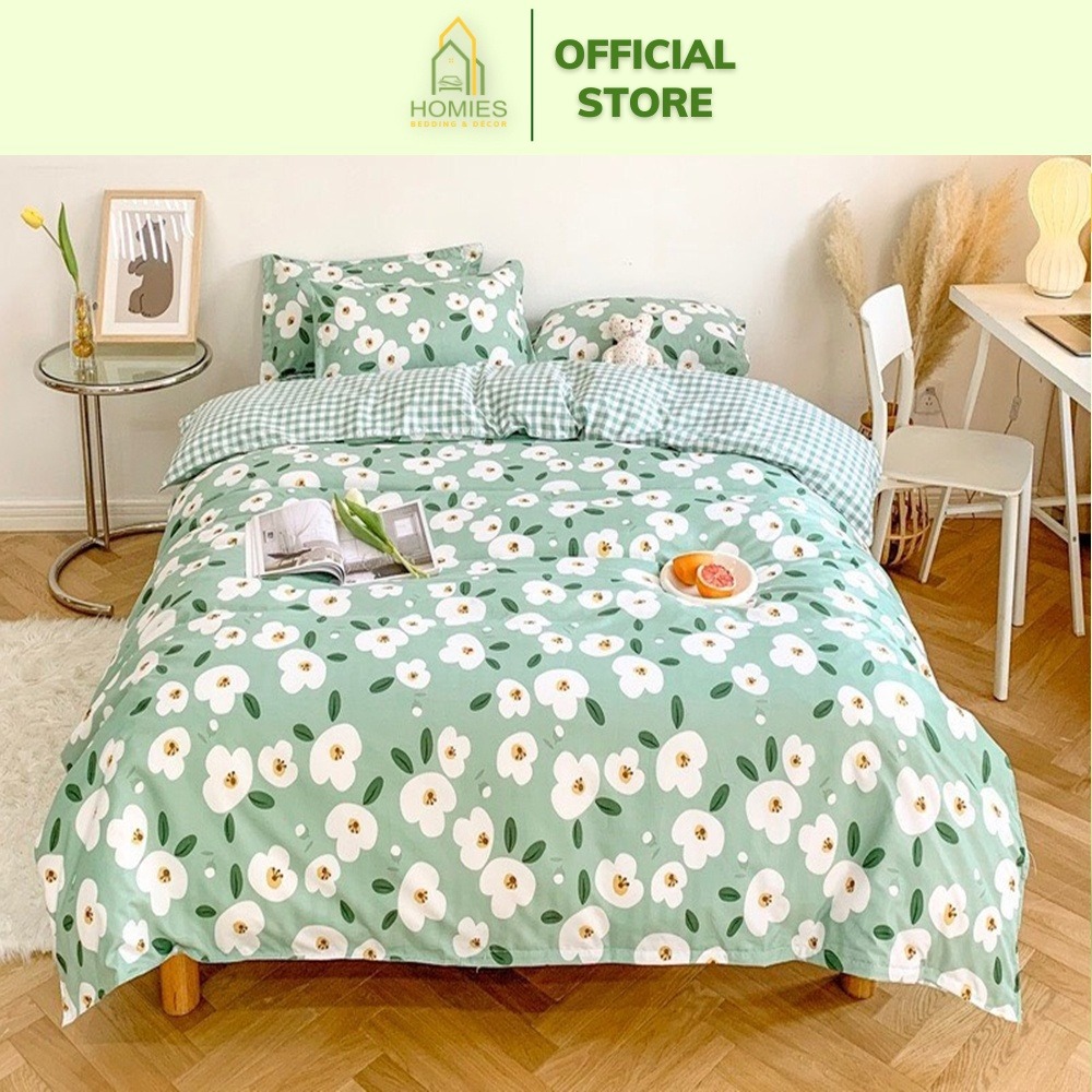 Bộ Chăn Ga Gối Cotton Poly HOMIES Nhập Khẩu Họa Tiết Hoa Lá Cành - Đủ Size Miễn Phí Bo Chun