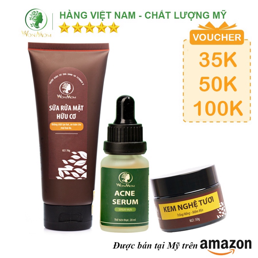 Combo trắng da, hết mụn và m toàn diện Wonmom ( 1 Sữa rửa mặt + 1 Kem nghệ tươi + 1 Serum mụn)