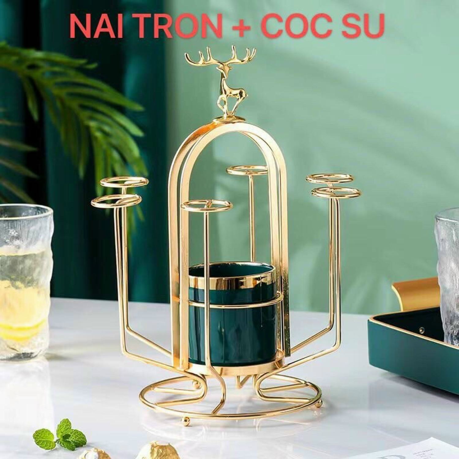 Giá úp cốc tròn đầu hươu mạ vàng có ống sứ xanh cắm thìa dĩa