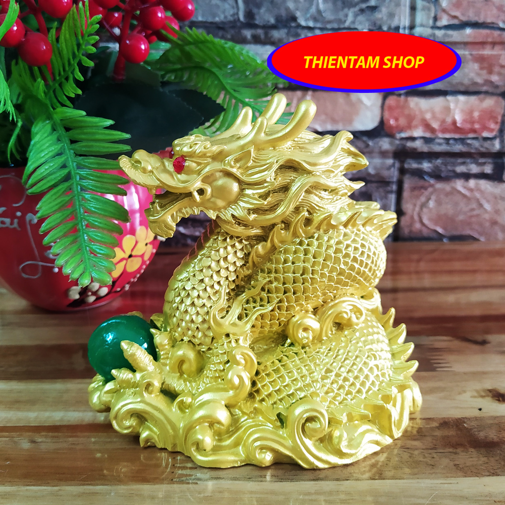 Tượng rồng vàng ôm ngọc châu đá poly vàng - RDV13