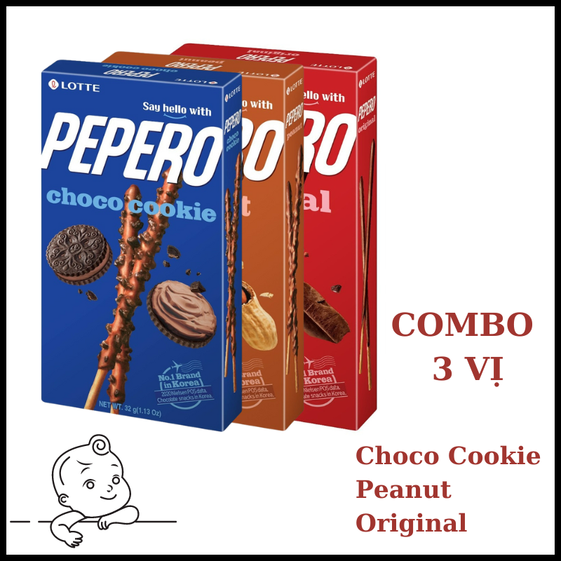 Bánh que Lotte Pepero - Combo 3 - Choco Cookie, Peanut & Original