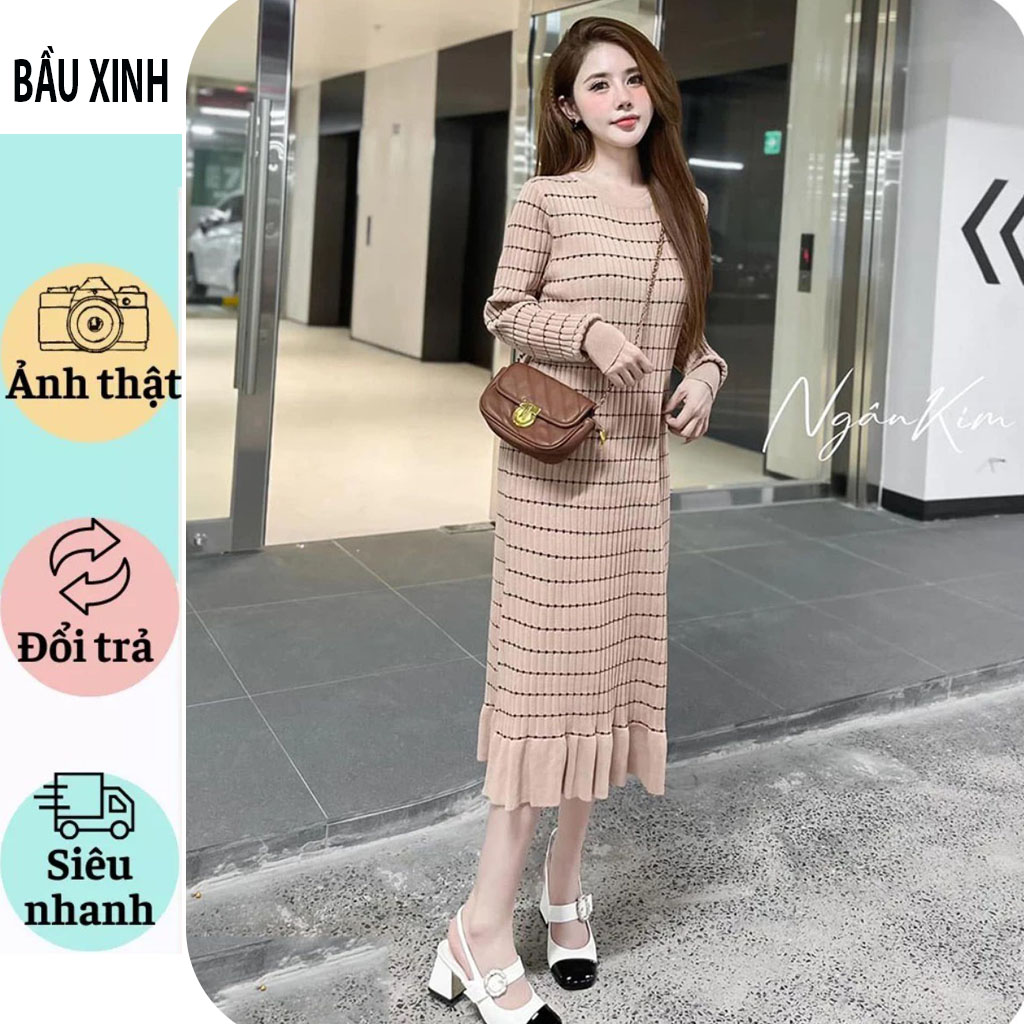 Váy đầm len mongtoghi quảng châu chất đẹp-đầm bầu len dáng suông kẻ chân đuôi cá dáng tiểu thư frsize dễ mặc