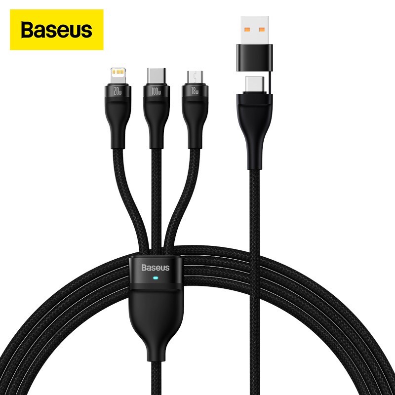Cáp sạc nhanh 3 đầu Baseus Flash Series 3 in1 Plus (USB+ Type C to Micro+Lightning + Type C, 100W Quick Charge and Data Cable)