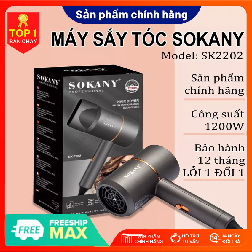 Máy sấy tóc cao cấp SOKANY công suất lớn 1200W, máy sấy tóc 2 chiều nóng lạnh đa chế độ, công nghệ ion âm chuyên nghiệp giúp sấy lạnh và bảo vệ tóc, máy sấy tóc công suất lớn