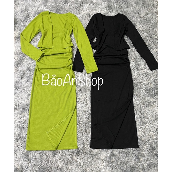 Sét áo khoác + đầm body dây xẻ đùi from dài