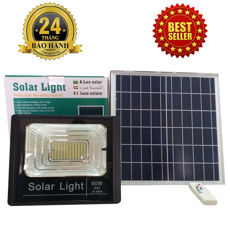 ĐÈN NĂNG LƯỢNG MẶT TRỜI SOLAR LIGHT JD-8860 công suất 60W công nghệ IP67 chống nước, Pin 16000mah, chế độ bật tắt tự động, có điều khiển từ xa