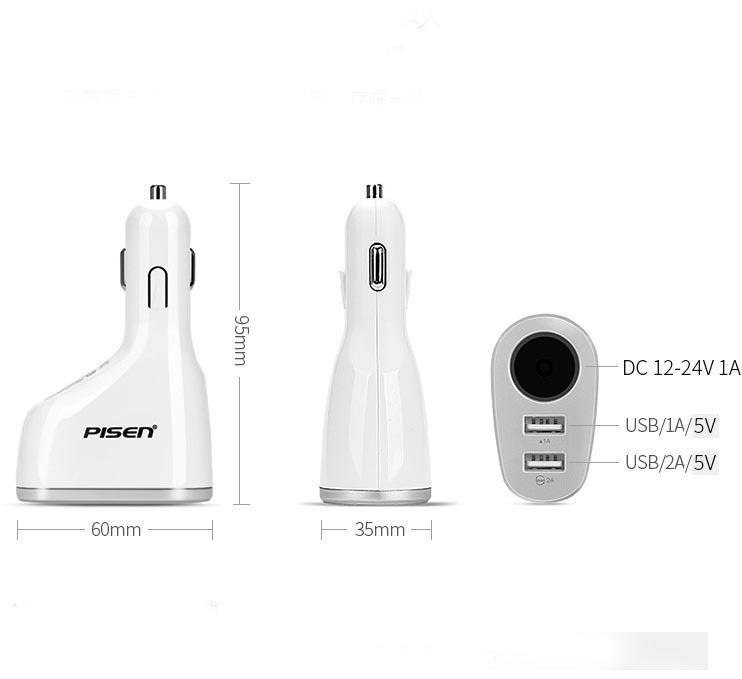 Sạc xe hơi Pisen – 1 cổng 12V + 2 cổng USB