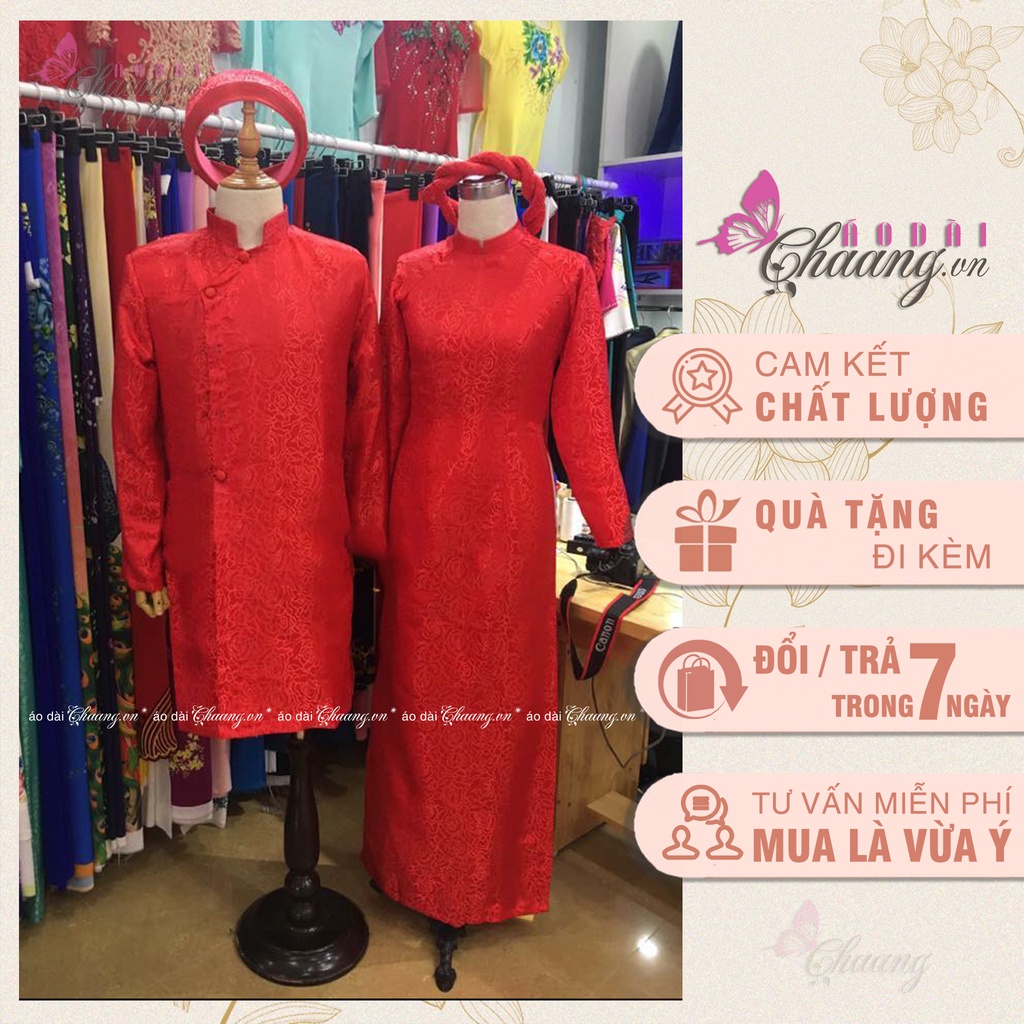 Áo dài cặp đỏ cặp trắng trơn tân lang tân nương kèm mấn và khăn xếp
