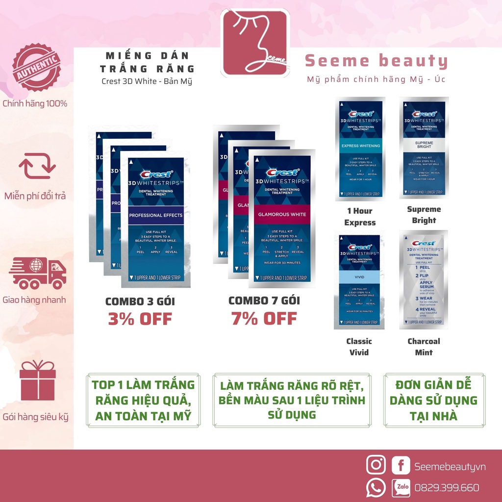 [HOÀN TIỀN 15%] [Bill Mỹ] Miếng Dán Trắng Răng Crest 3D White Glamorous - Professional - 1 Hour - Charcoal [SeeMe beauty]