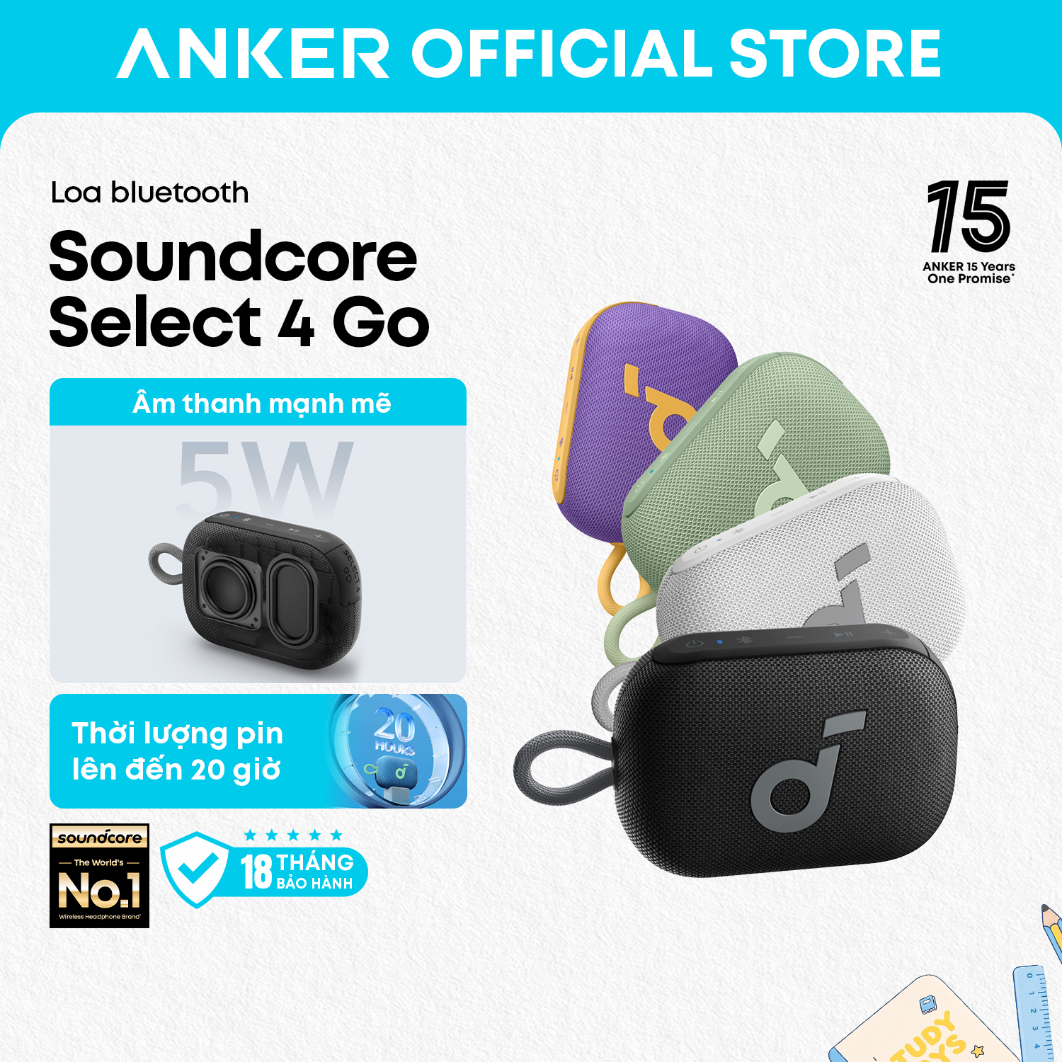 Soundcore by Anker Select 4 Go Bluetooth Speaker IPX67 Waterproof Wireless and Bluetooth Speakers 20H Playtime Bluetooth Speaker Super Bass Portable Speakers for PC, loa bluetooth mini