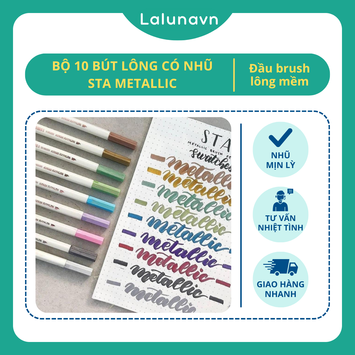 Bộ 10 bút lông có nhũ 10 màu đầu Brush STA Metallic MarkerPenDrawing