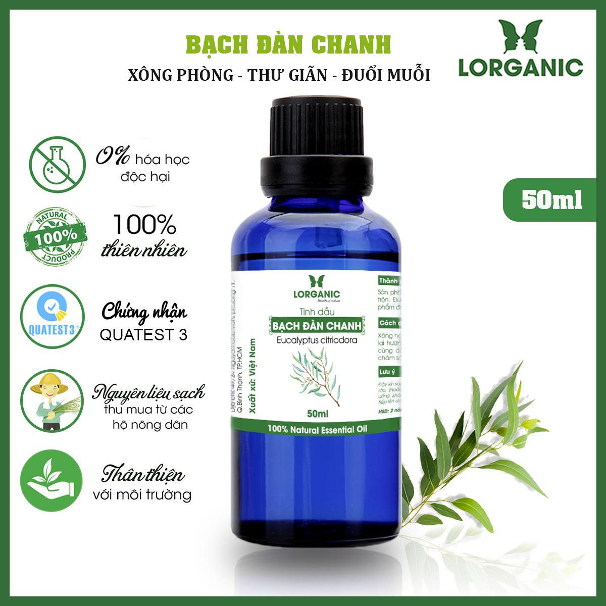 [HCM]Tinh dầu bạch đàn chanh Lorganic Eucalyptus citriodora 10ml, 50ml