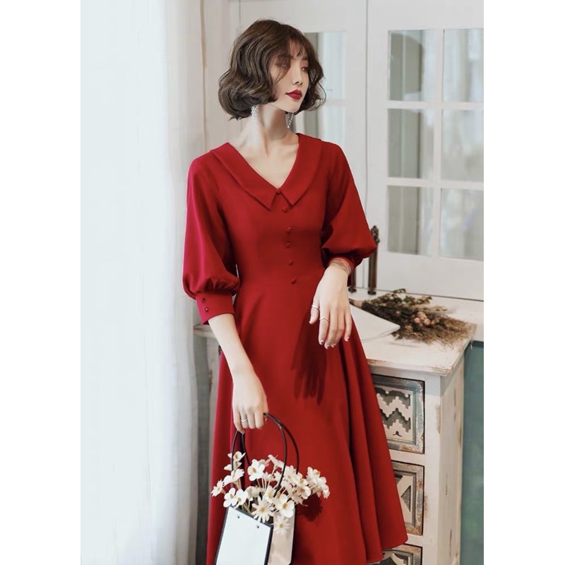 Đầm đỏ tay dài, nút bọc ms140