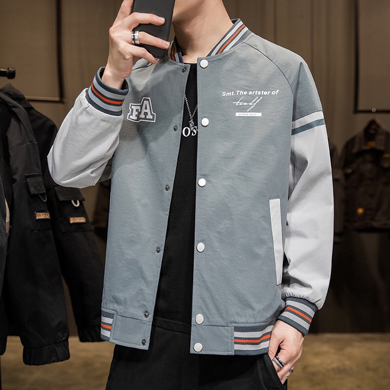 ÁO KHOÁC BOMBER NAM 2 LỚP KHÔNG NÓN IN HÌNH CHỮ SIÊU ĐẸP PHỐI NÚT BẤM HOT TREND