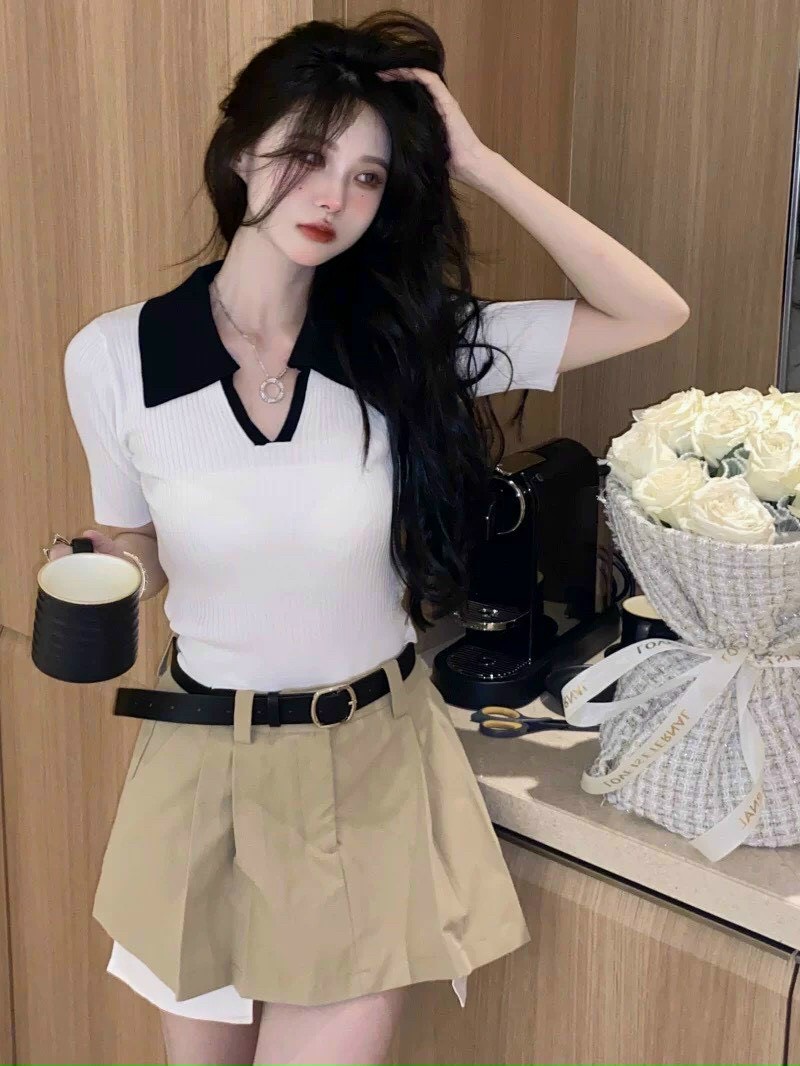 ÁO THUN GÂN LEN CỔ BẺ VIỀN NHẤN XINH
