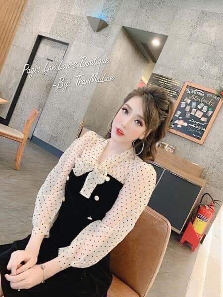 Đầm tay bồng lưới bi, cột nơ cổ