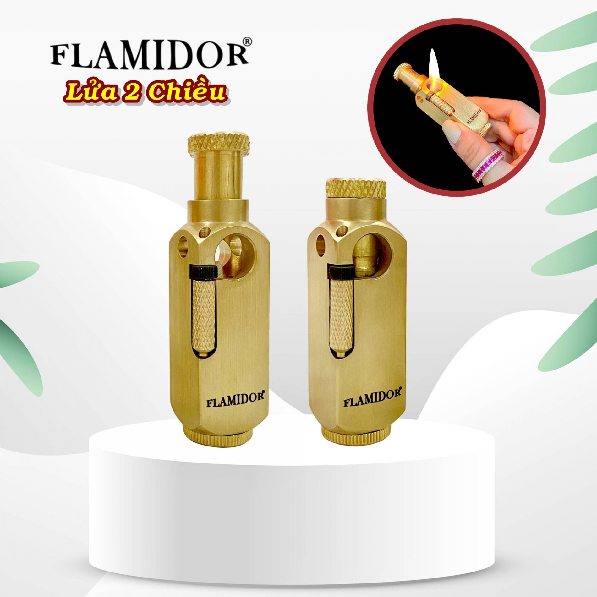 Hộp quẹt- bật lửa xăng đá lửa 2 chiều thiết kế kim loại đồng nguyên khối