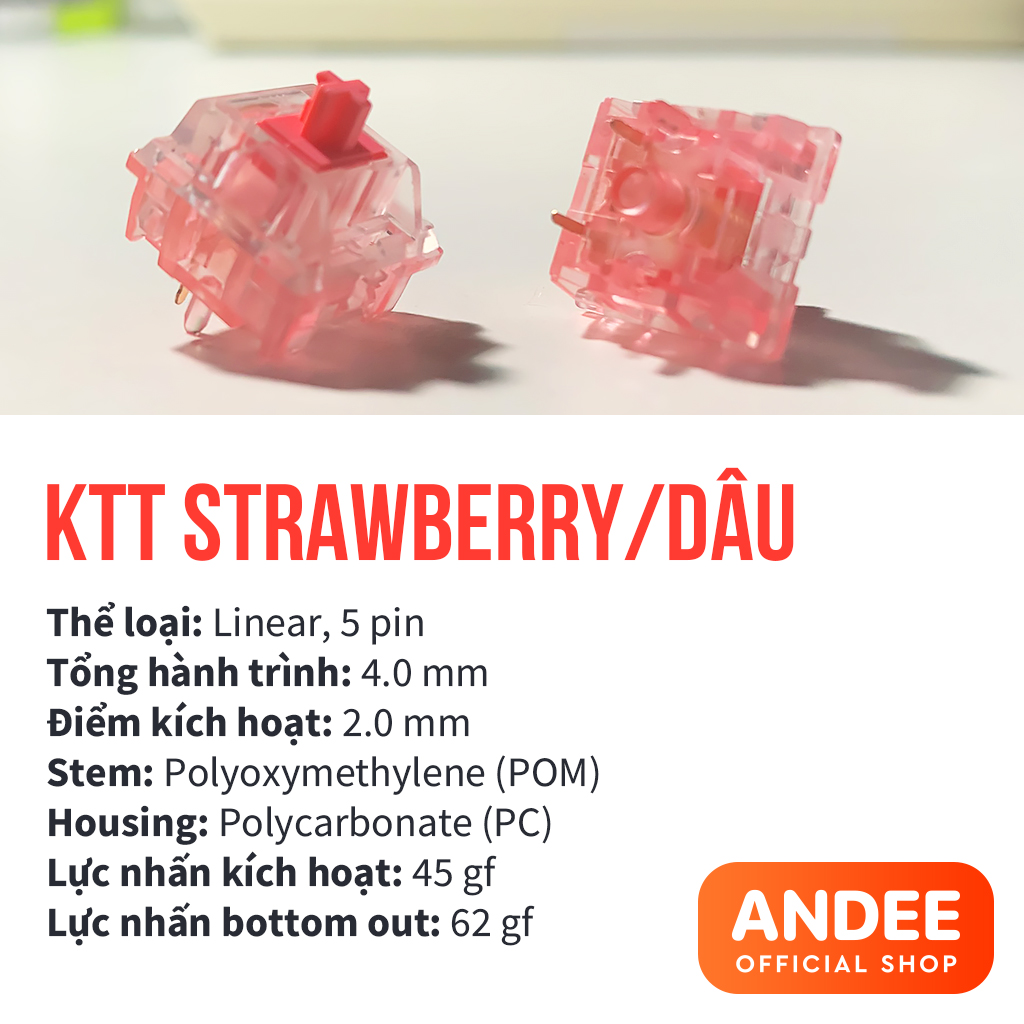 KTT Strawberry Dâu switch bán lẻ công tắc phím cơ tuyến tính lò xo 62g có lube sẵn siêu mượt