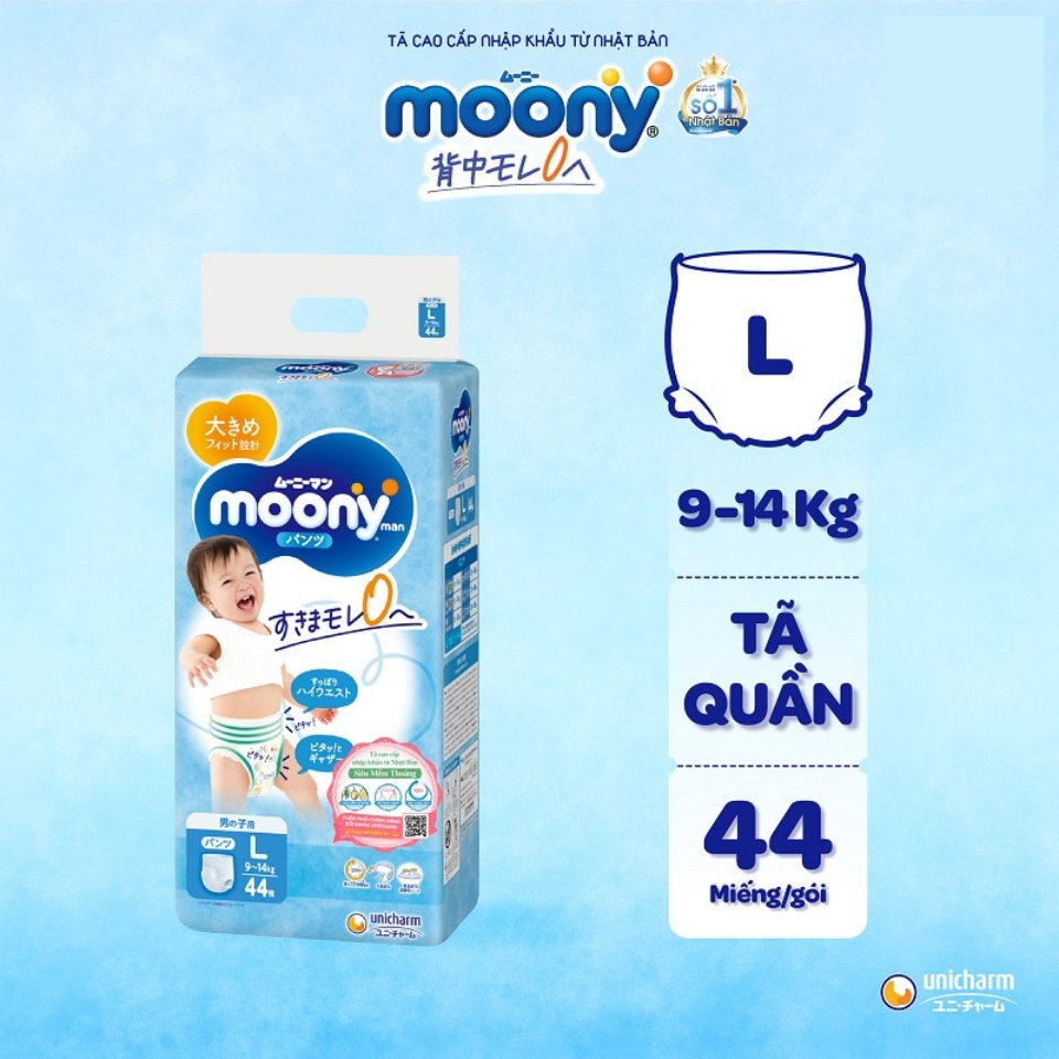 Tã Quần Moony Cao Cấp Bé Trai Size L (9 - 14KG) (Xanh) Gói 44 Miếng